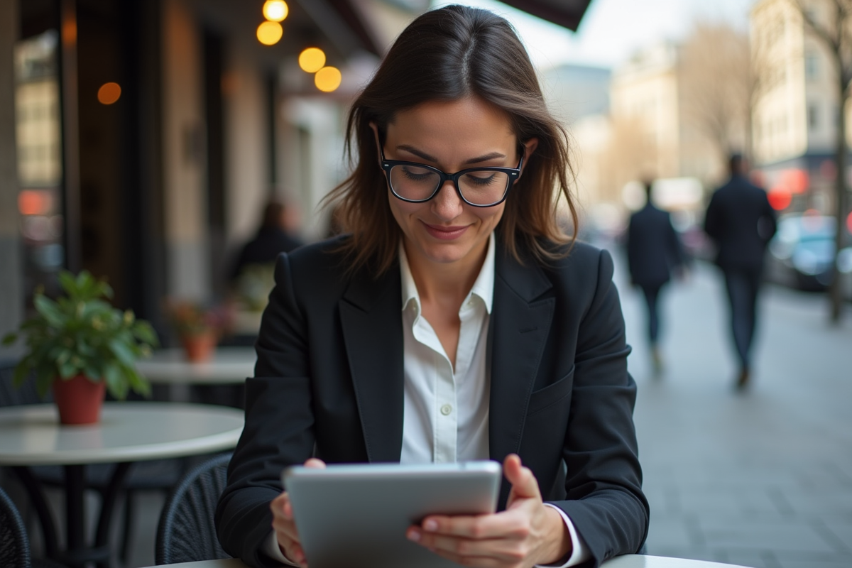 Femme d affaires scannant un QR code bitcoin avec sa tablette en extérieur