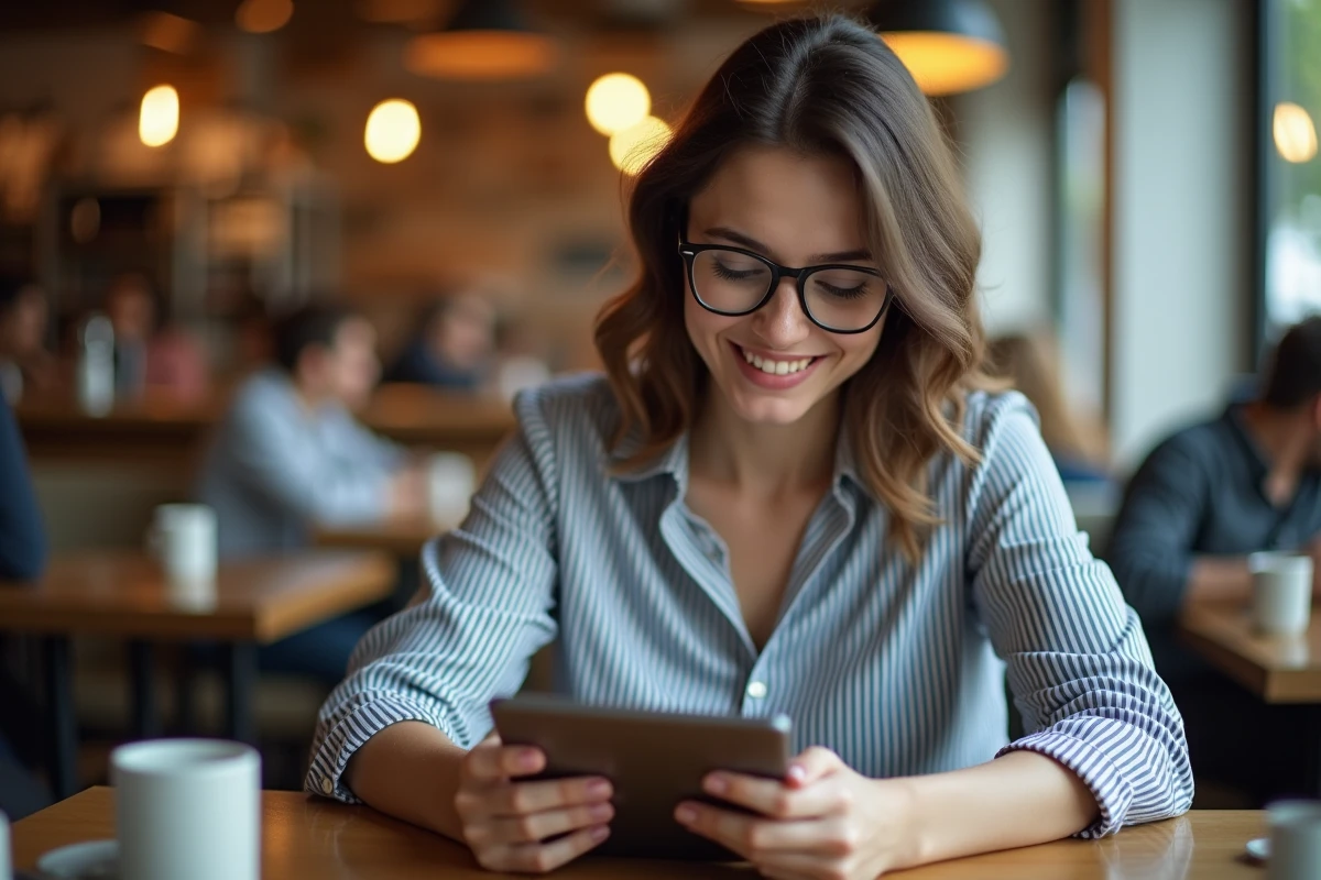 Femme souriante utilisant une tablette dans un caf&eacute; anim&eacute;
