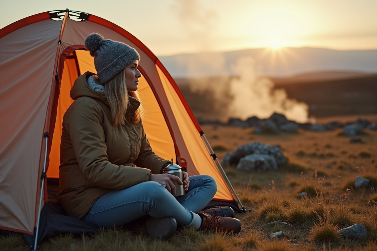 Femme seule buvant du thé devant sa tente en Islande