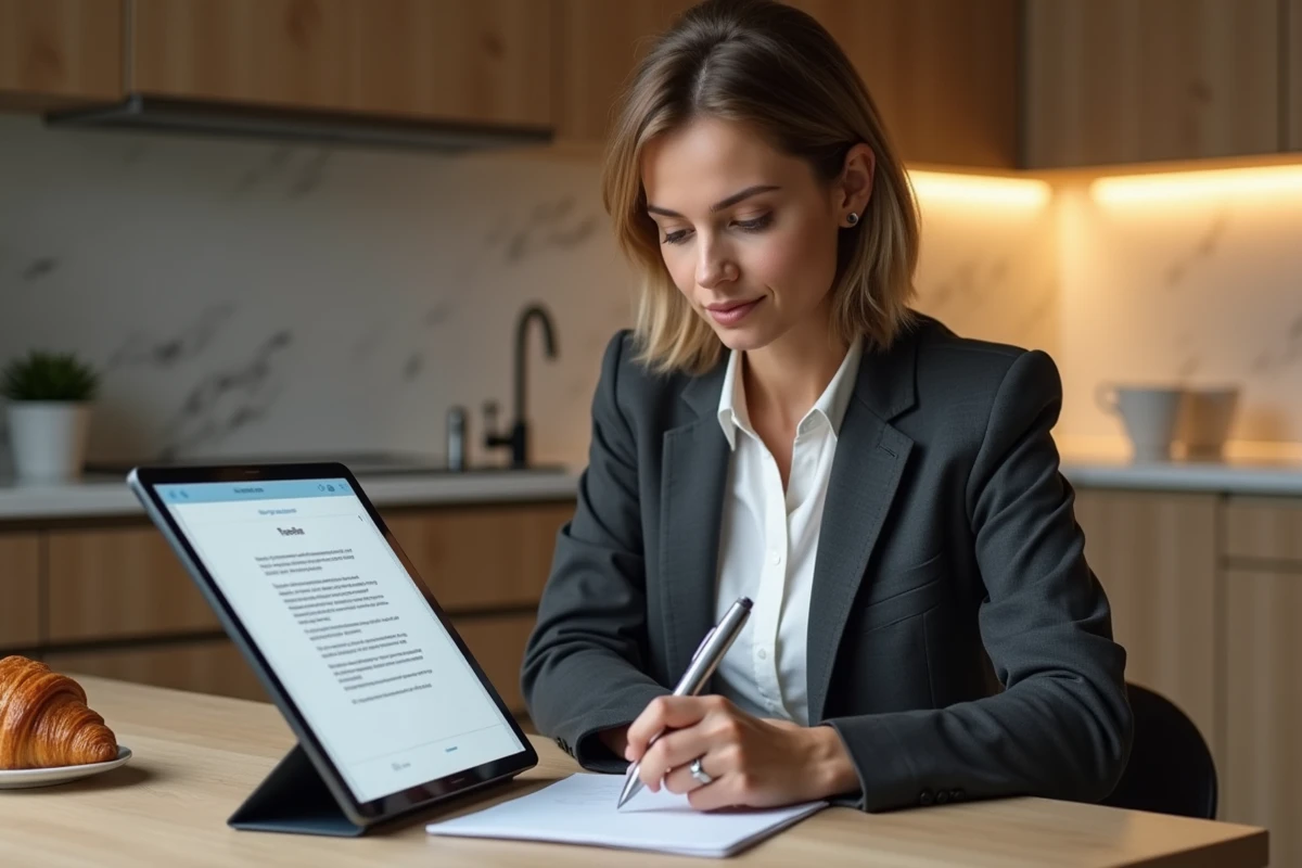 Femme professionnelle utilisant ChatGPT gratuit en français sur une tablette pour rédiger une lettre de motivation le matin dans sa cuisine