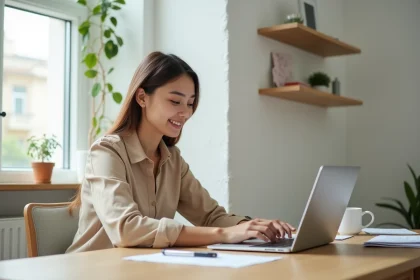 Jeune femme utilisant ChatGPT en français sur un ordinateur portable pour rédiger un email professionnel depuis son bureau à domicile