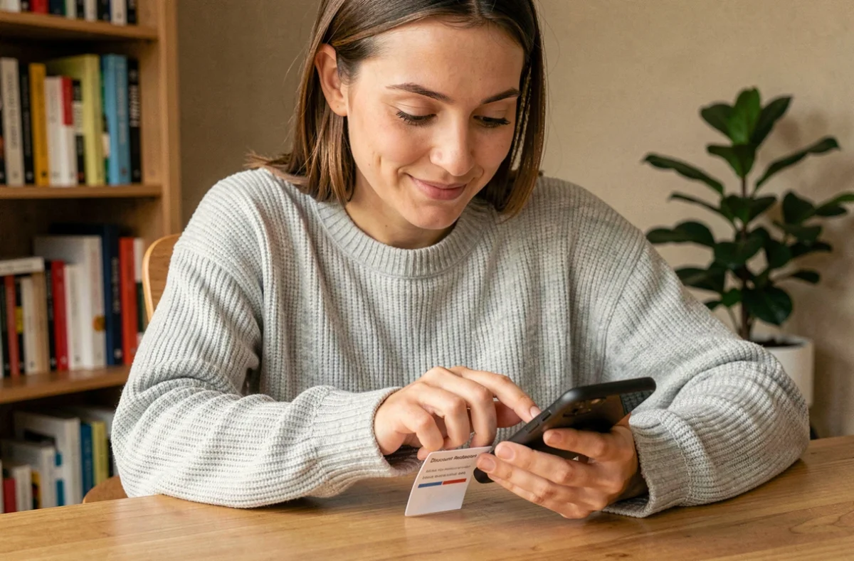 Femme utilisant son smartphone pour entrer un code de rachat Chapters dans une application de shopping, assise dans un bureau cosy