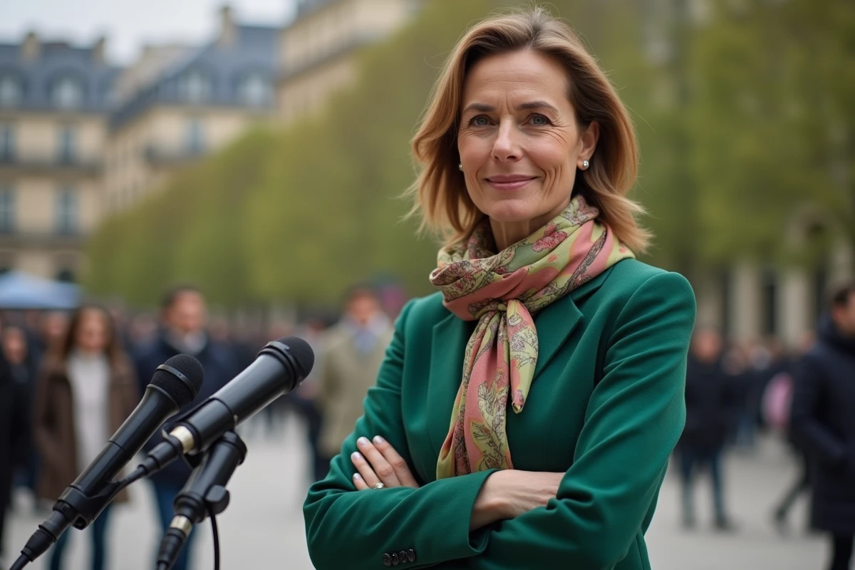 Femme en blazer vert lors d'une conférence en plein air à Paris