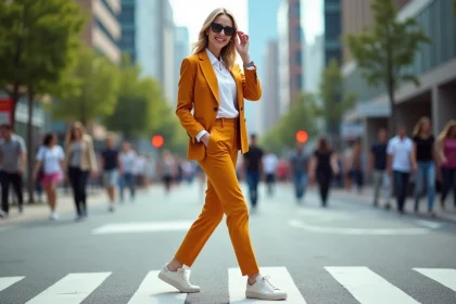 Femme confiante en tailleur coloré dans la rue urbaine