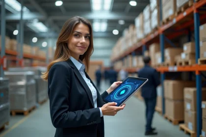 Femme confiante avec tablette dans centre logistique moderne