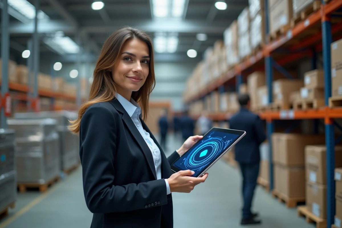 Femme confiante avec tablette dans centre logistique moderne