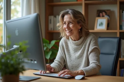 Femme d'âge moyen configure Scrabble Click Mouse dans son bureau