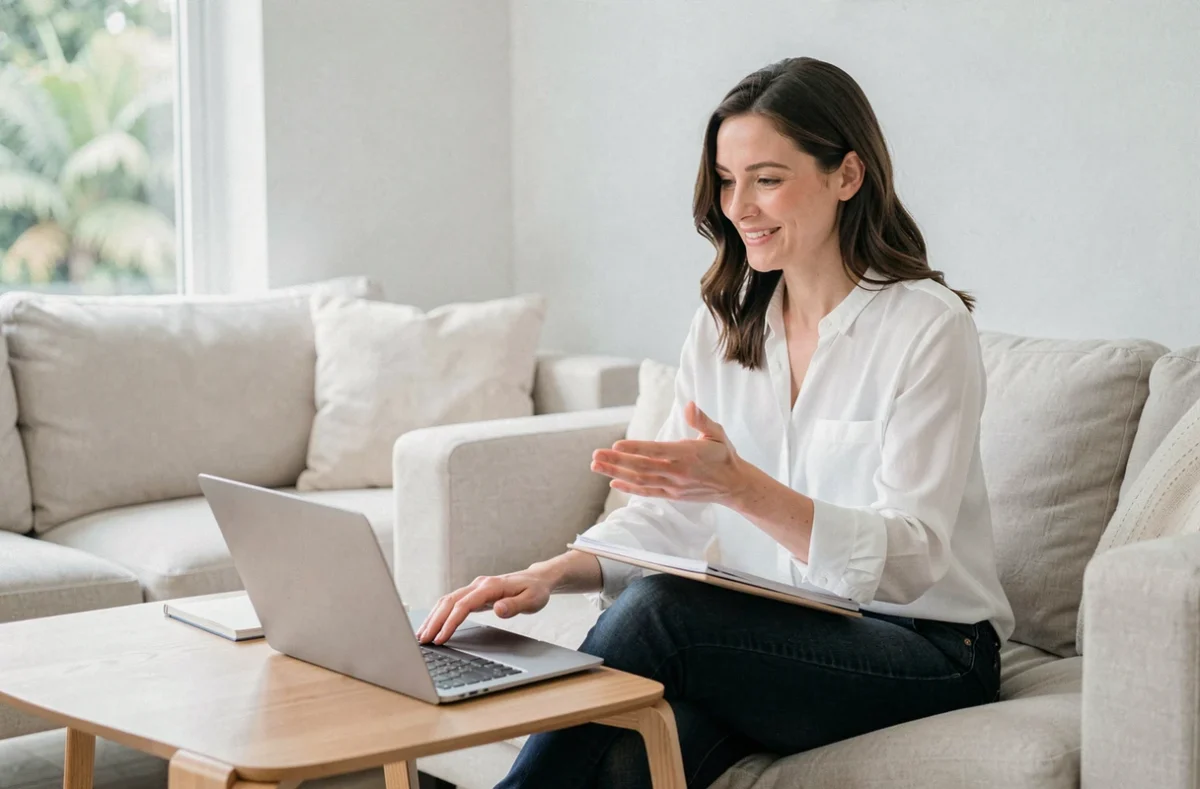 Femme consultant un love coach en ligne par appel vidéo depuis son salon, illustration coaching amoureux numérique
