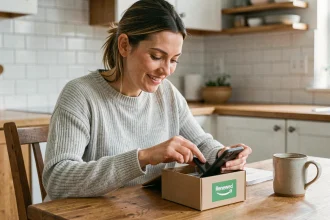 Femme déballant un smartphone reconditionné Amazon Renewed dans une cuisine moderne, avec emballage carton vert et expression satisfaite