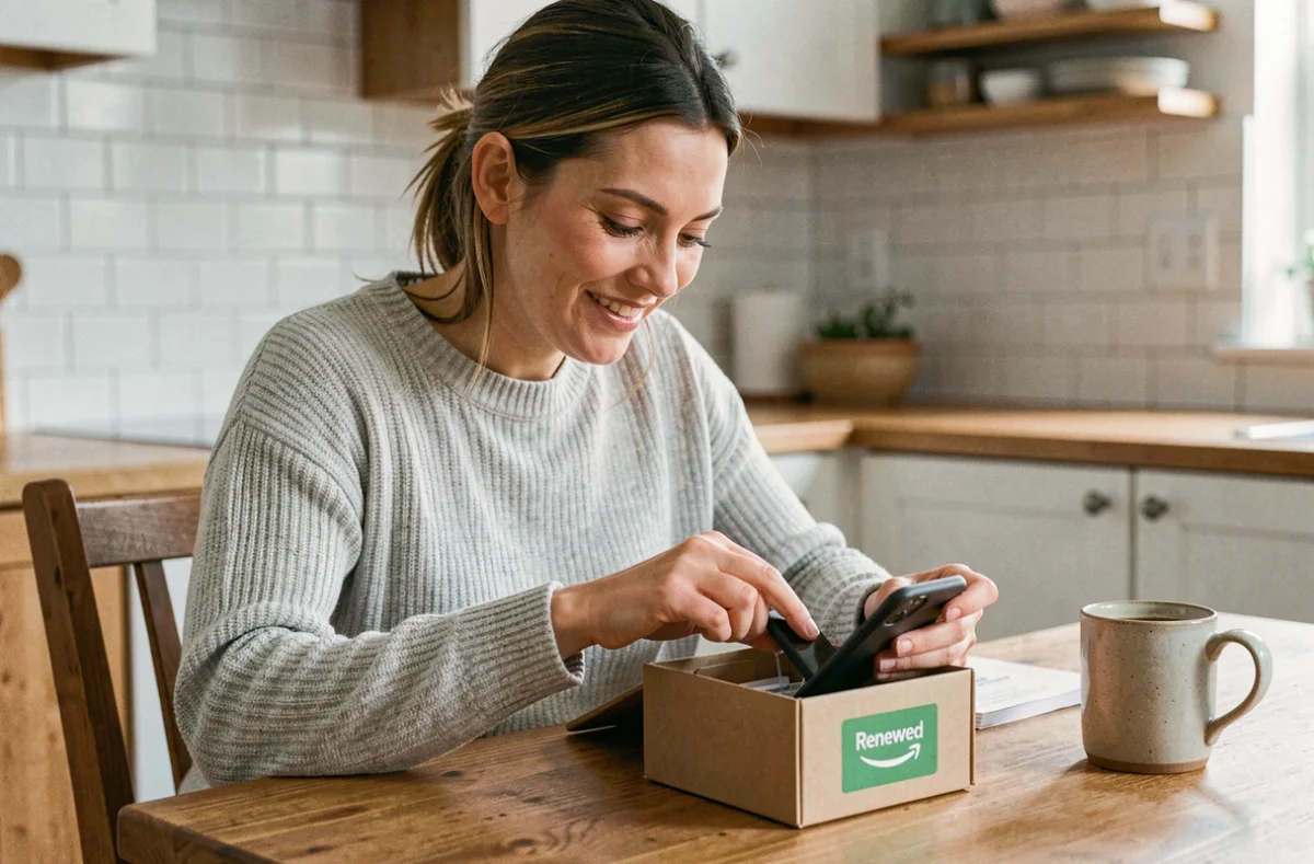 Femme déballant un smartphone reconditionné Amazon Renewed dans une cuisine moderne, avec emballage carton vert et expression satisfaite