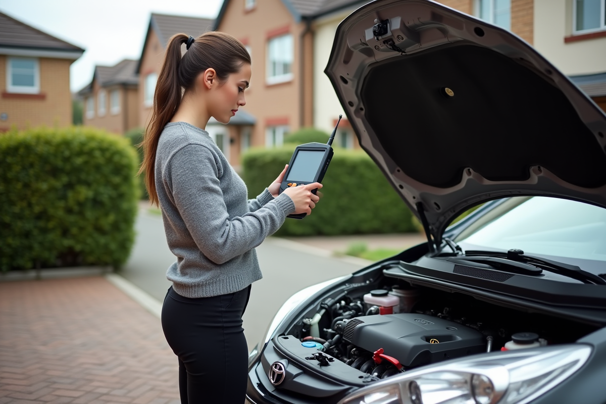 Jeune femme vérifiant un outil de diagnostic sur sa voiture