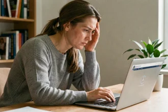 Femme frustrée devant son ordinateur portable avec un dossier ANTS bloqué sur le site du gouvernement