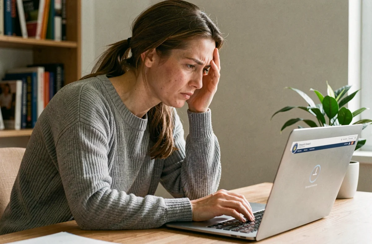 Femme frustrée devant son ordinateur portable avec un dossier ANTS bloqué sur le site du gouvernement