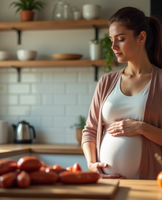 Femme enceinte dans la cuisine regardant le chorizo