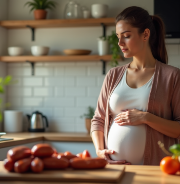 Femme enceinte dans la cuisine regardant le chorizo