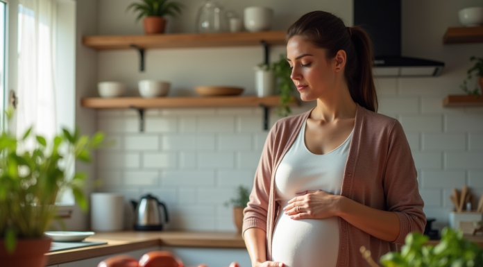 Femme enceinte dans la cuisine regardant le chorizo