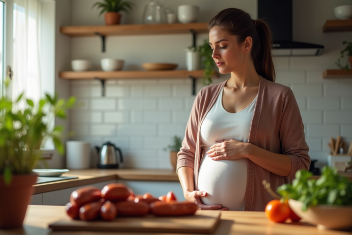 femme-enceinte-cuisine-chorizo Femme enceinte dans la cuisine regardant le chorizo