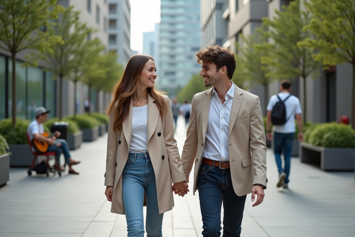Femme et enfant marchant dans une place urbaine moderne