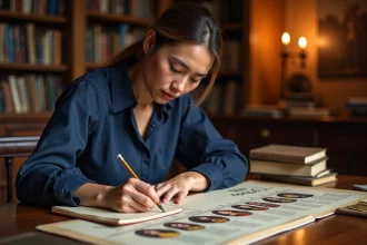 Femme étudiant une frise chronologique des Rois de France sur un bureau en bois entouré de livres d'histoire