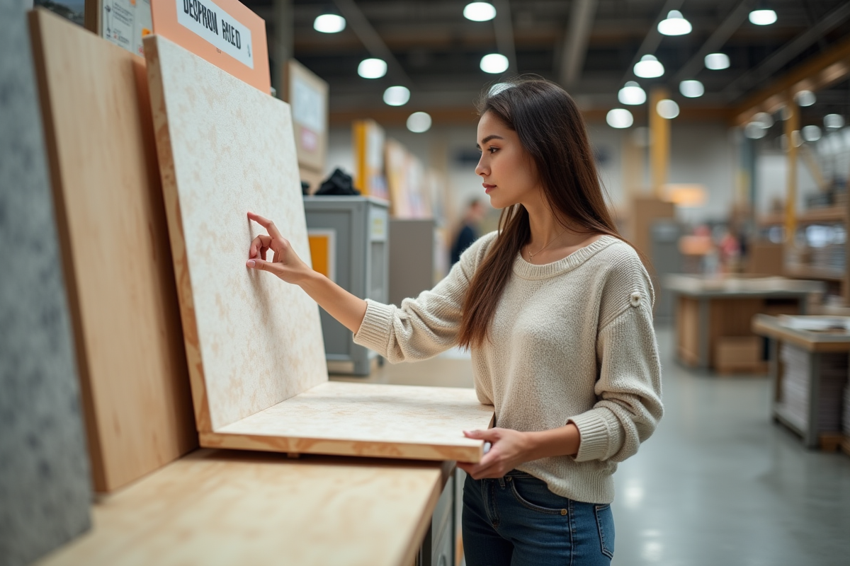 Jeune femme regardant un échantillon de panneaux Depron en magasin