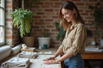 Jeune femme pliant des vêtements durables dans un atelier