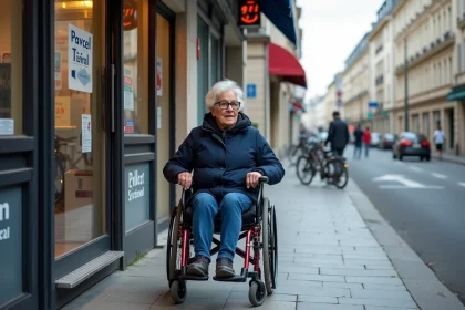Femme en fauteuil roulant accédant à un point relais Mondial Relay accessible avec rampe d'entrée
