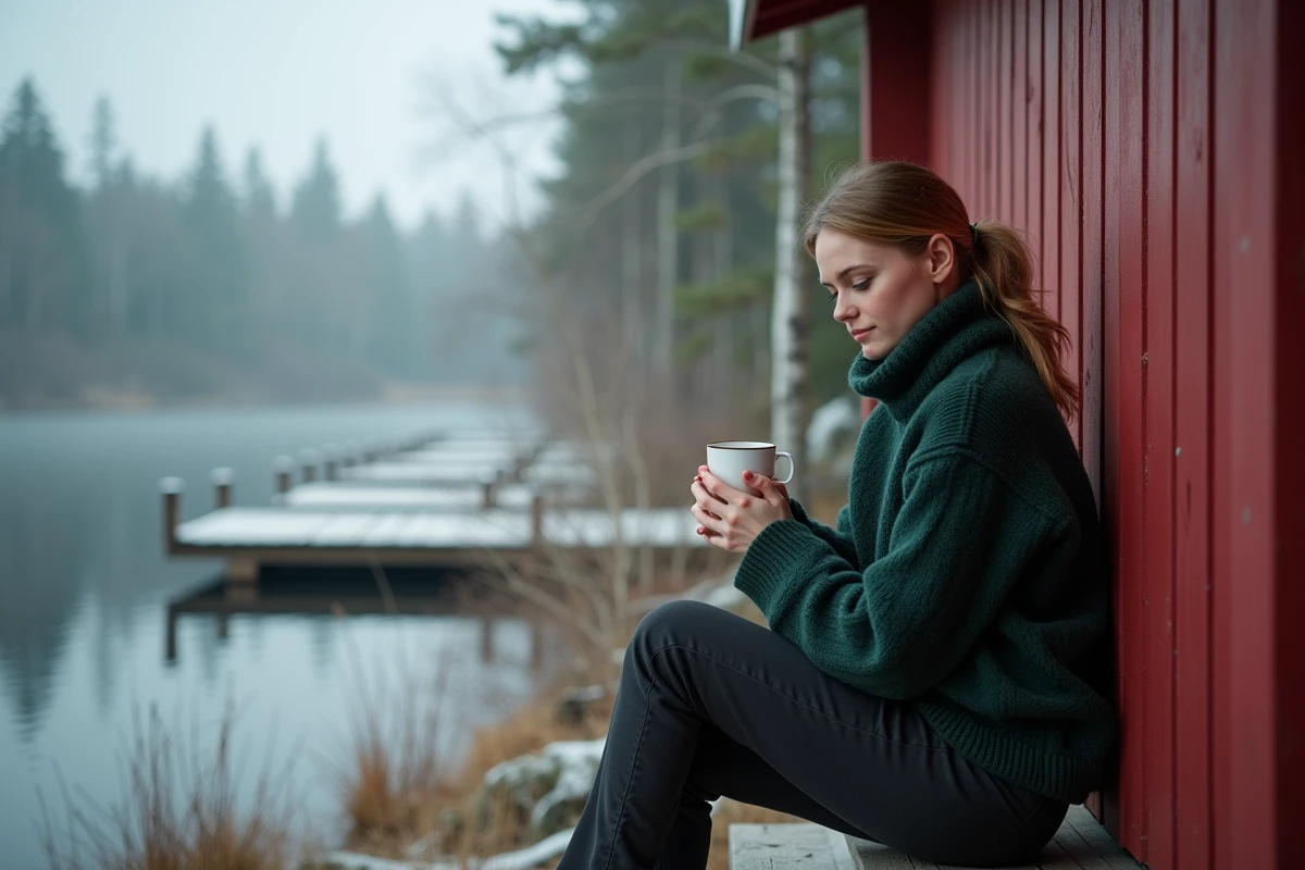 Femme finlandaise assise devant un sauna traditionnel au bord d'un lac en Finlande