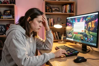 Jeune femme frustrée devant son ordinateur avec des fenêtres d'erreur de jeu vidéo affichées à l'écran