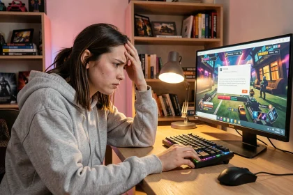 Jeune femme frustrée devant son ordinateur avec des fenêtres d'erreur de jeu vidéo affichées à l'écran