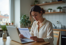 Femme inquiète regardant son relevé bancaire à la maison