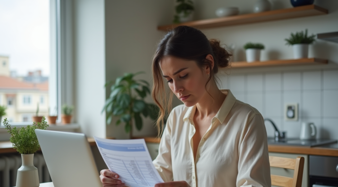 Femme inquiète regardant son relevé bancaire à la maison