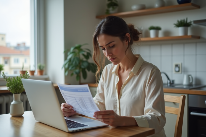 femme-inquietante-ordinateur Femme inquiète regardant son relevé bancaire à la maison