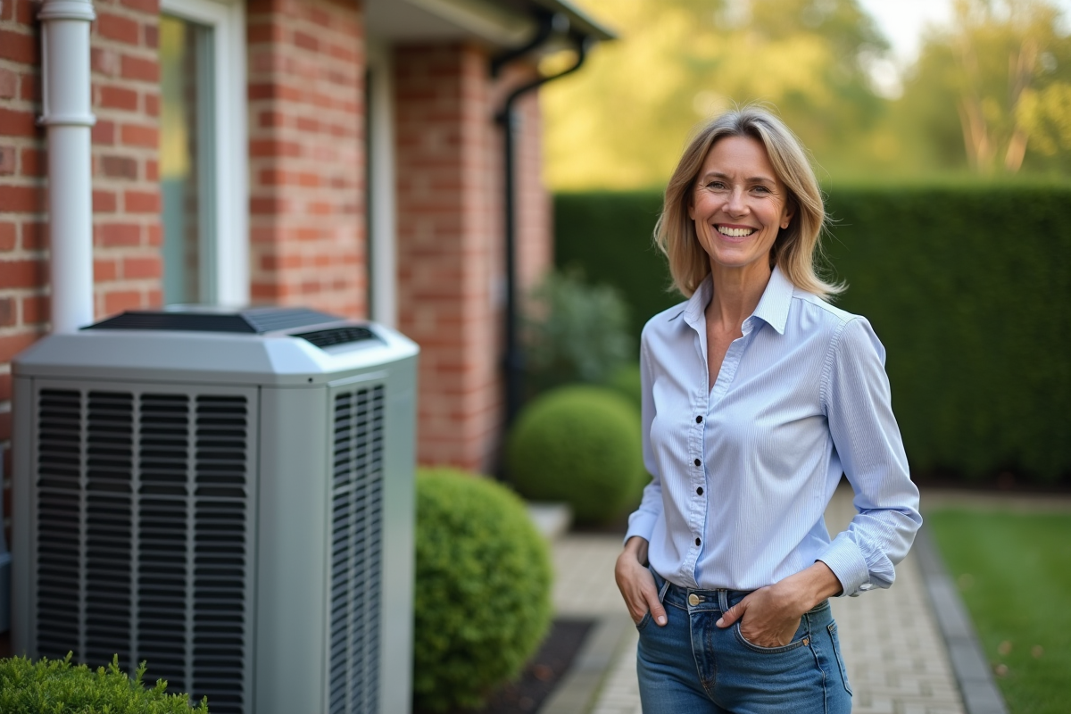 Femme souriante installant une pompe à chaleur à l