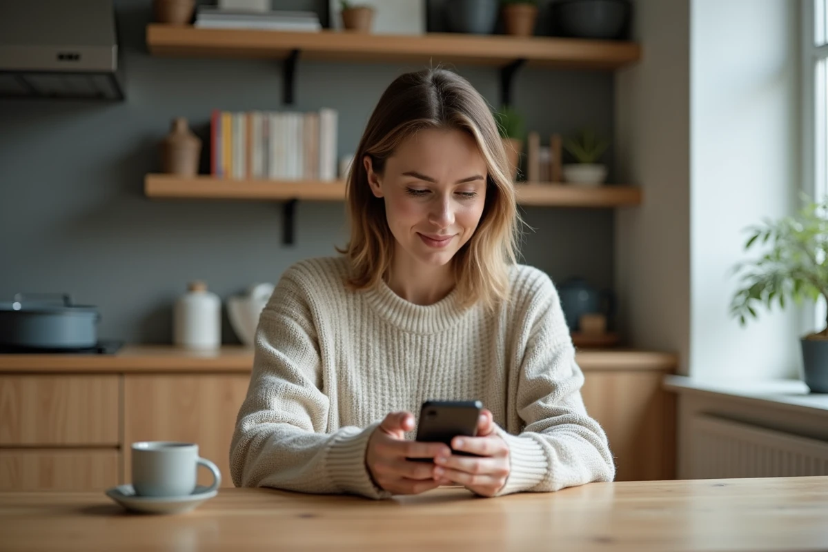 Femme assise à une table de cuisine moderne joue à un jeu de mots