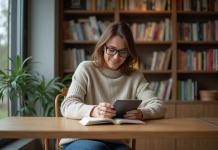 Femme lisant un e-reader dans un appartement cosy