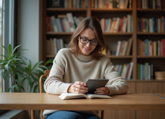 Comment 1001 Ebooks améliore l’accessibilité des livres Femme lisant un e-reader dans un appartement cosy