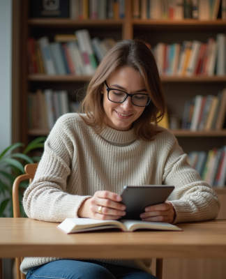 Femme lisant un e-reader dans un appartement cosy