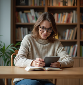 Femme lisant un e-reader dans un appartement cosy