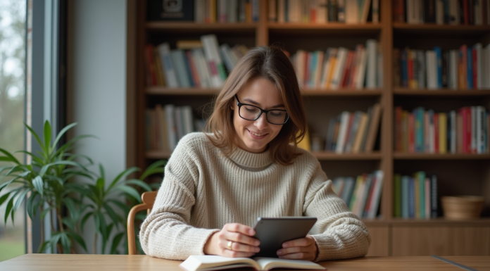 Femme lisant un e-reader dans un appartement cosy