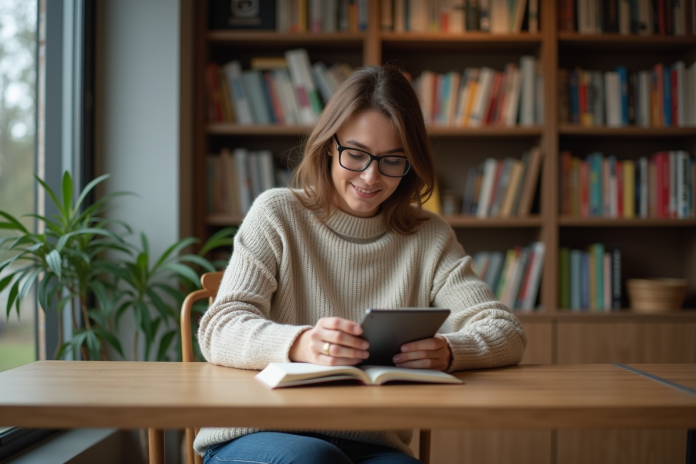Femme lisant un e-reader dans un appartement cosy