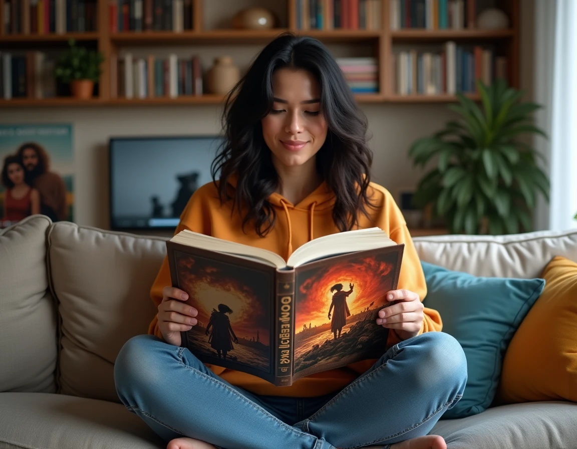 Jeune femme lisant un manga sur les dieux grecs du feu Héphaïstos dans un salon bibliothèque