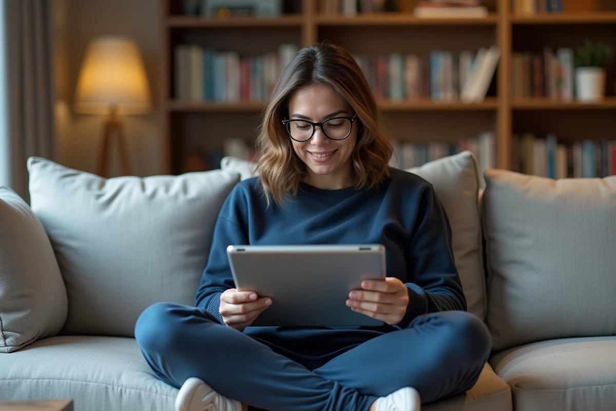 Femme avec des lunettes lisant des scans manga sur une tablette dans un salon moderne et décoré