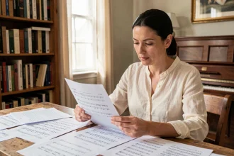 Femme lisant les paroles imprimées de La Strasbourgeoise sur une partition PDF à son bureau