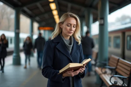 Femme contemplative lisant un livre à la gare