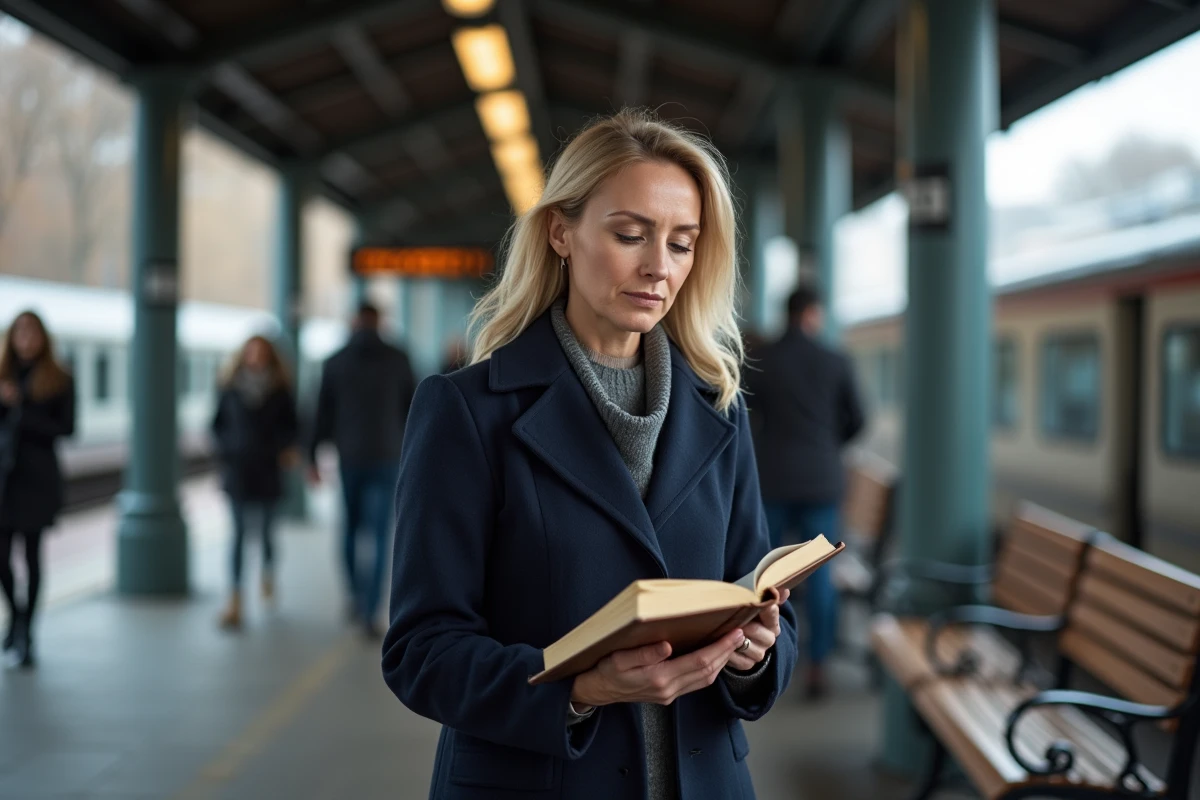 Femme contemplative lisant un livre à la gare