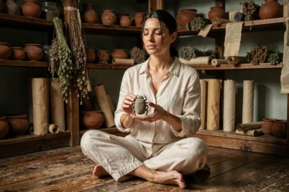 Femme en méditation tenant un scarabée égyptien sculpté dans une pièce aux objets spirituels anciens