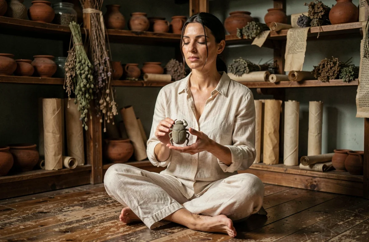Femme en méditation tenant un scarabée égyptien sculpté dans une pièce aux objets spirituels anciens