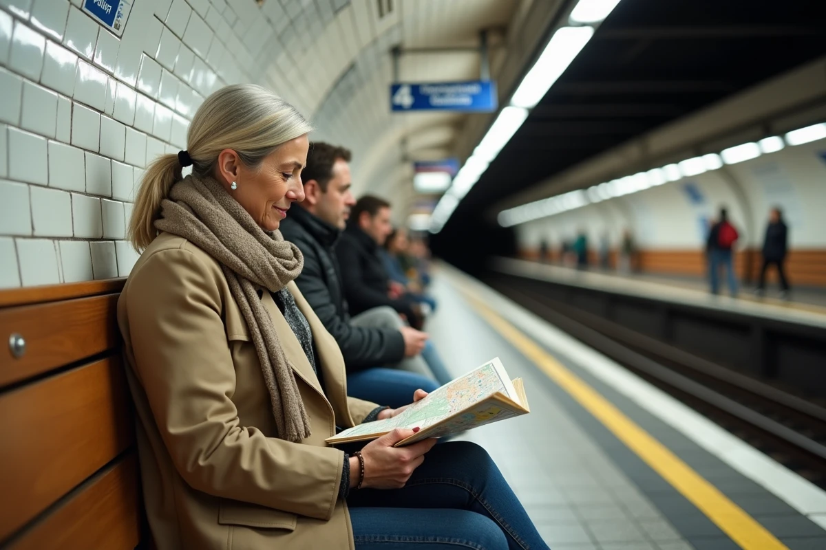 Femme assise dans le métro parisien lecture plan