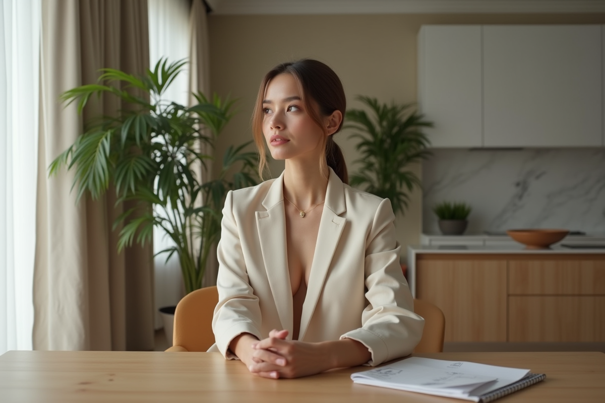 Femme confiante en blazer minimaliste dans un intérieur moderne