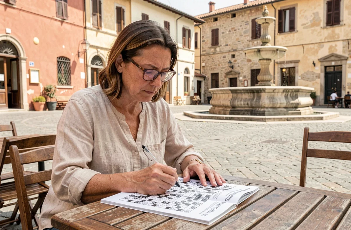 Femme résolvant des mots croisés sur une place italienne ensoleillée avec un magazine posé sur une table en bois